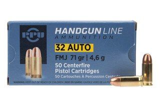 PPU Handgun Line 32 ACP brass cased ammunition, 50 rounds.